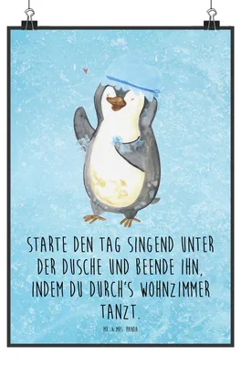 Produktbild von Mr. & Mrs. Panda Bild Pinguin Duschen DIN A5 - Eisblau - Geschenk, Duschkonzert, Dusche, Wandbild, drucke, wanddeko, Neustart, Plakat, Singen, Kunstdruck, Baden