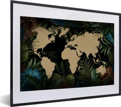 Produktbild von MuchoWow® MuchoWow® Gerahmtes Poster Weltkarte - Tropische Pflanzen - Blätter 60x40 cm - Poster mit zchwarzem Bilderrahmen - Schlafzimmer - Plakat in Rahmen - Drucken