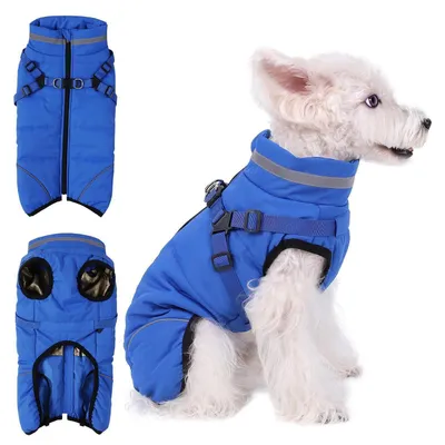 Immagine prodotto di Giacca per cani con imbracatura, gilet invernale imbottito, impermeabile, con cintura pettorale, taglia XS, colore blu