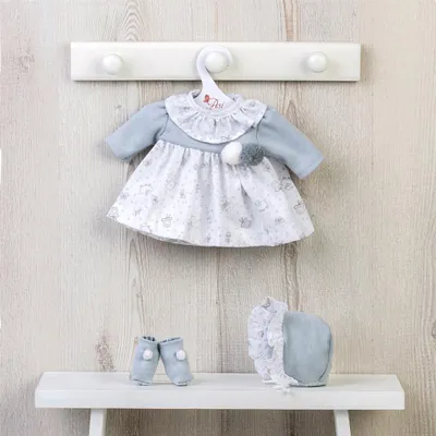 Produktbild von Asi Puppenkleidung graues Kleid skandinavisches Design mit Haube und Schuhen