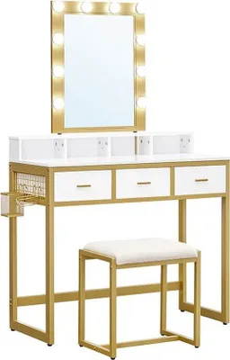 Produktbild von Unyqoos® Hollywood Schminktisch mit Spiegel – 10 dimmbare LED-Lampen, weiß/gold, inkl. Hocker & Föhnhalter, 90×40×145,5 cm, Spanplatte/Stahl/Glas