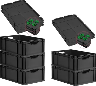 Produktbild von SparSet 5x Eurobox NextGen Grip mit Auflagedeckel inkl. 4 grünen Schiebeschnappverschlüssen | HxBxT 22x40x60cm | 44 Liter | Schwarz | Griffe offen | Verstärkter Boden | Eurobehälter, Transportbox, Transportbehälter, Stapelbehälter