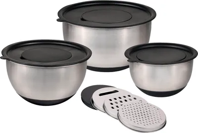 Produktbild von KESPER Rührschüssel-Set 3-tlg. – Edelstahl – inkl. 3 Deckel & 3 Reibeinsätze – mit rutschfestem Silikonboden – Ø 18/22/26 cm – 90899