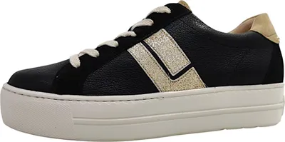 A single black sneaker with gold accents and a white sole is shown against a white background.