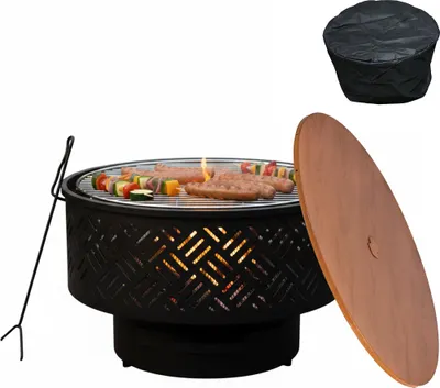 Produktbild von Relaxdays Feuerschale, Ø 66 cm, mit Grillrost, Deckel, Schürhaken & wasserdichter Abdeckung, Feuerstelle, schwarz/natur