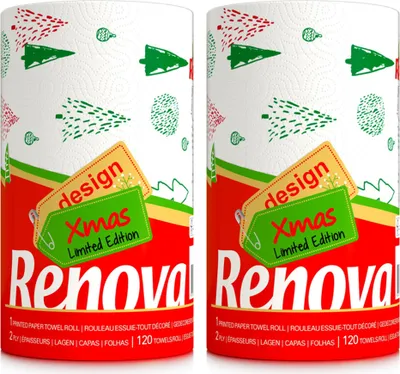 Produktbild von 2 Rollen Renova Maxi Rolle Christmas - Weihnachten - X-mas - Küchenpapier - Küchenrolle - Haushaltstücher - Papiertücher - weihnachtlich bedruckt - 1 Rolle = 3 Standard Rollen - 120 Blätter
