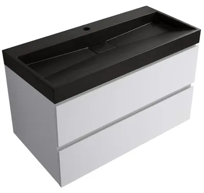 Productafbeelding van CERANO - Badkamerkast Carole - wit, mat + wastafel van composietmarmer Vita - zwart, mat - met afvoergat - 100x58x46 cm