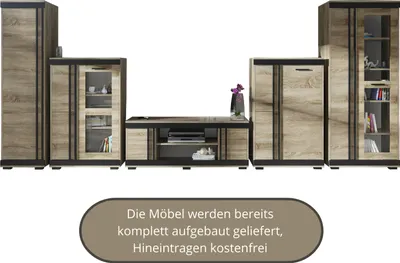 Produktbild von Wohnwand BRINX, Kleiderschrank, TV-Schrank, Vitrine, Kommode, Kombivitrine - Trüffel Eiche