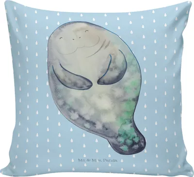 Produktbild von Mr. & Mrs. Panda zier kissen Seekuh Happy - Blau Pastell - Geschenk, Sofakissen, Polster, Neustart, Dekokissen, Respekt, 40x40, Achtsamkeit, Sofa, Liebeskummer, Meer