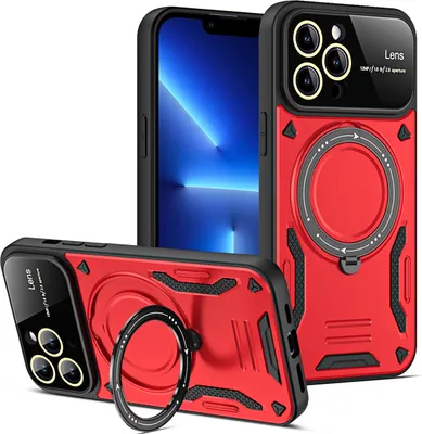 Produktbild von Rüstung Handyhülle für iPhone 13 Pro Max Dual-Layer Magnetisches Ringhalter Ständer Magsafe Hülle Rot