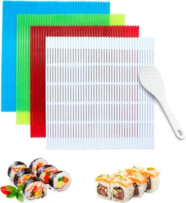 Productafbeelding van Sushi-rolmatten set, 4-delig, kunststof, 23x21x0,2 cm, inclusief rijstspatel, voor in de keuken