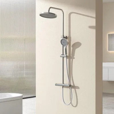 Immagine prodotto di Set doccia termico con soffione a pioggia rotondo e doccetta - Asozza regolabile,  KTW, cromato