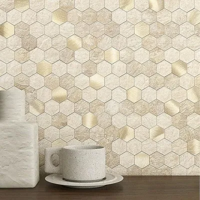 Produktbild von 3D Wandfliesen Selbstklebend Küche,Sechseck Mosaik Mosaikfliesen Marmorfliesen Fliesenaufkleber Marmor Optik(Beige 10 Blatt)