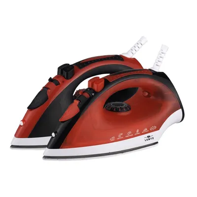 Two red and black irons are shown against a white background.