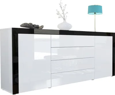 Produktbild von Vladon Sideboard Kommode La Paz,  Germany, Korpus in Weiß Hochglanz / Front in Weiß Hochglanz mit Rahmen in Schwarz Hochglanz