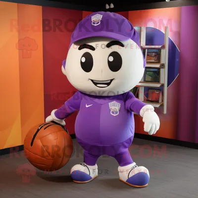 Immagine prodotto di Personaggio del costume della mascotte REDBROKOLY del pallone da calcio viola vestito con una maglietta da baseball e valigette