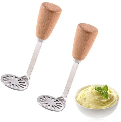 Produktbild von Ibenzoa® 2er-Set Kartoffelstampfer aus 304 Edelstahl (rostfrei) mit Holzgriff – ergonomisch & langlebig für feines Kartoffelpüree, Gemüse und Obst