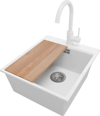 Produktbild von PRIMAGRAN Granitspüle Weiß 43x50cm, Spülbecken 1 Becken + Küchenarmatur 32x20cm + Ablauf-Set + Schneidebrett, Küchenspüle ab 45er Unterschrank - Oslo