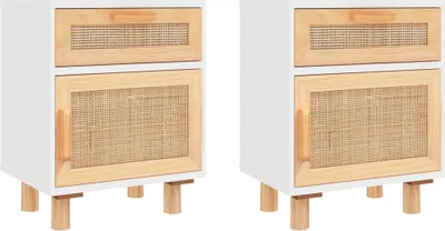 Produktbild von vidaXL Nachttische 2 Stk. Weiß Massivholz Kiefer und Natur-Rattan
