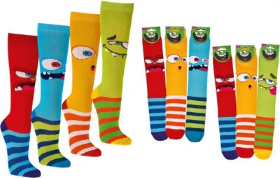 Produktbild von TippTexx 24 6 Paar Kinder Kniestrümpfe, handgekettelt, für Mädchen & Jungen, Lustige Monster, Größe 27-30