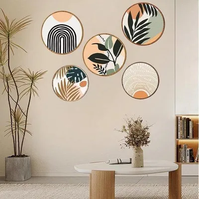 Image de Lot de 5 décorations murales bohèmes en bois, décorations modernes en bois, salon, art mural minimaliste, bois, vintage, décorations artistiques, salon, style cottage, chambre d'enfant (marron)