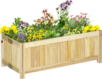 A wooden planter box filled with various colorful flowers and greenery, set against a white background.