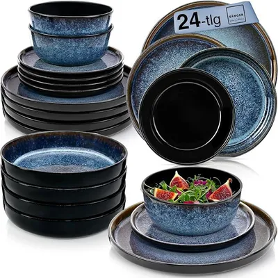 Imagen del producto de Juego de vajilla de cerámica Osaka para 6 personas, juego de platos de 24 piezas, color azul