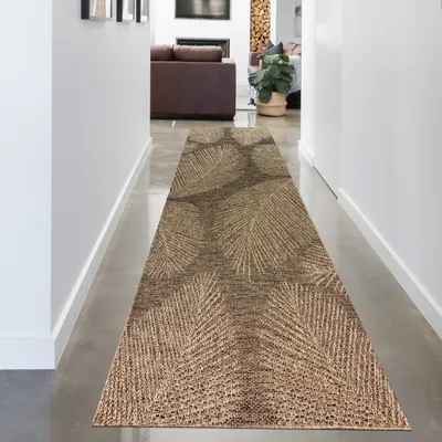 Produktbild von Stilvoller In- und Outdoorteppich im tropischen Blättermuster in Beige Braun Größe - 80 x 250 cm