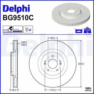 Produktbild von DELPHI Bremsscheibe BG9510C, belüftet, 345 mm Durchmesser, 30 mm Dicke, 5-Loch