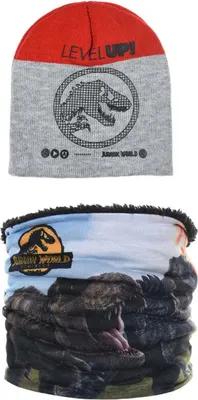 Produktbild von Jurassic World Dinosaurier Dino Kinder Herbst Wintermütze mit Loop Snood – Grau / 52