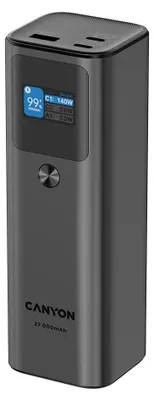 A dark gray Canyon power bank with a digital display.