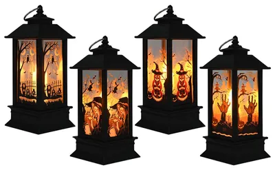 4 Halloween-Laternen mit LED, Kürbis, Krähe, Hexe, Geist