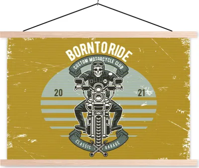 Produktbild von MuchoWow® Textilposter Mancave - Motor - Skelett - Vintage 120x80 cm mit holzfarbenen Rahmen - Aufhängeset