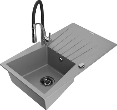 Produktbild von Mexen Cesar 1 Becken-Granitspüle mit Abtropffläche und Mischbatterie Aster, Grau - 6514-71-73450-07-B