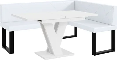 Produktbild von MEBLINI Eckbank für Esszimmer mit ausziehbarem Tisch  - Küchenbank - Essecke - Sitzecke Küche - ERIC - U-Beine 128x168x87cm Rechts - Weiß Kunstleder/M Weiß Matt