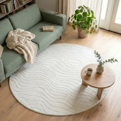 Produktbild von Volero - Runder Teppich Wohnzimmer - Charm Waves Weiß - Ø 120 cm - Wohnzimmer, Schlafzimmer - Modern, Skandinavisch