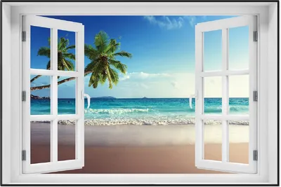 Produktbild von Wallario Wandbild mit Fenster-Illusion: Sandstrand auf den Seychellen - Urlaub unter Palmen, Größe: 61 x 91,5 cm, Poster mit schwarzem Aluminiumrahmen