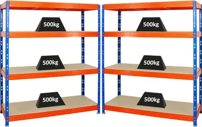 Produktbild von Mega Deal | 2x Profi Schwerlastregal Rhino | HxBxT 180x160x60cm | 4 Spanplatten-Ebenen 16mm | Fachlast 500kg | Blau-Orange