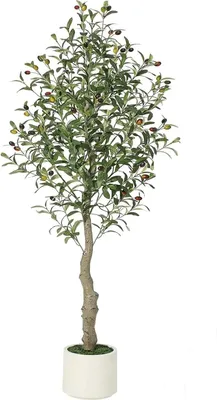 Produktbild von Künstlicher Olivenbaum - 150 cm Indoor Zimmerpflanze im Topf - Natürlicher Holzstamm - Realistische Früchte - Weißer Bodenübertopf - Grün