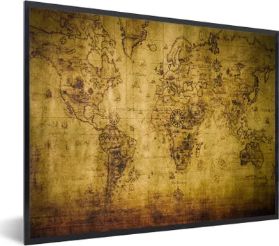 Produktbild von MuchoWow® Gerahmtes Poster Weltkarte - Braun - Vintage 80x60 cm - Poster mit Schwarzem Bilderrahmen Wandposter Rahmen Foto Bilder - Schwarzem - Mit Gestell