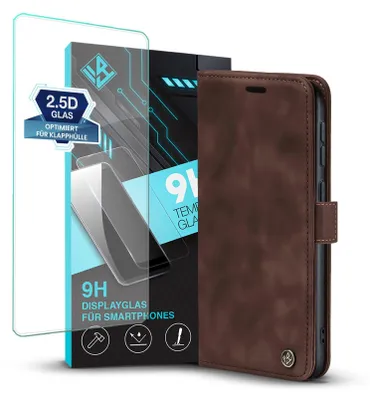 Produktbild von Handy Hülle für Samsung Galaxy Xcover7 Pro mit 9H Displayglas Klapphülle Bookcase Flip Cover Handy Tasche Etui Farbe: Dunkelbraun