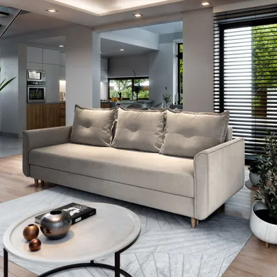 Produktbild von Sofa NAPOL Beige Plüsch-Stoff mit Schlaffunktion, Sofa mit Bettkasten, Sofa mit Bettkasten, Wohnzimmersofa, Couch, Soffa, Bettsofa, Couchgarnitur- Beige, PAROS 02