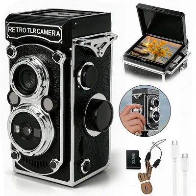 Produktbild von Mini Retro Digitalkamera 4800MP, 1080P Video, Nachtsicht, Handkurbel, 32GB Speicherkarte, 1,54" Display, wiederaufladbar, tragbar