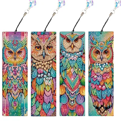 4er-Set Diamond Painting Lesezeichen Eule, DIY Bastelset