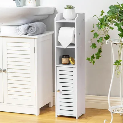Produktbild von Badezimmerschränke, Badschrank schmal, Badezimmer-Aufbewahrungsschrank, mit Toilettenpapierhalter, 15x17x80cm, Badezimmerschrank, Weiß