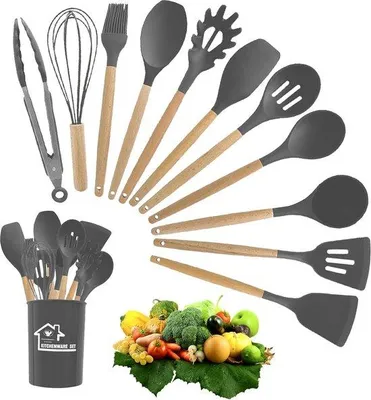 Produktbild von Famanu Küchenhelfer-Set 12-teilig - Silikon Kochutensilien mit Holzgriffen