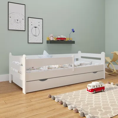 Produktbild von Kinderbett 200x90 Rausfallschutz, Schublade & Lattenrost in weiß 90 x 200 Mädchen Jungen Bett Skandi