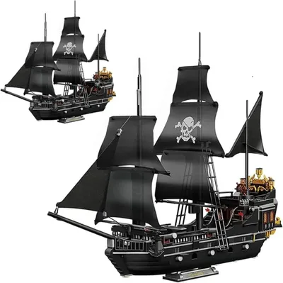 Productafbeelding van Piratenboot bouwstenen, 1424 klikbouwstenen, model van een zwart magisch schip, bouwset