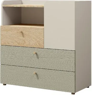 Produktbild von Kommode 10 YUKI 90 cm mit 3 Schubladen Türen offene Einlegeböden Bücherregal Kinderzimmer Sideboard Beige/Grau/Braun/Eukalyptus