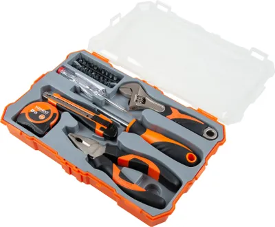 Produktbild von Werkzeugset: Schraubendreher, Bits, Zangen, Maßband. 26-teilig